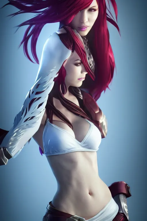 Prompt: Katarina from League of Legends, photorealistic full body, studio lighting, white ambient background, unreal engine 5, hyperrealistic, highly detailed, realistic