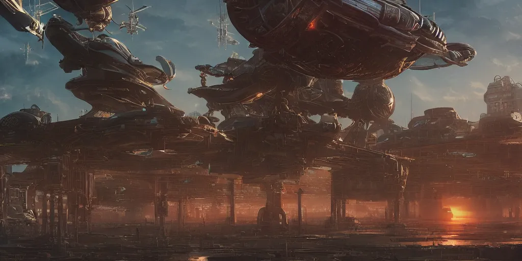 Image similar to alien spacecraft hovering over busy space port surrounded by alien robots, steel archways, industrial buildings, rusty metal towers, sun setting, ross tran, fantasy, james jean, cinematic lighting, digital painting, octane render