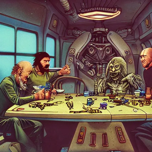 Prompt: scruffy punk starship crew sitting at table and playing strip poker, extraterrestrials, alien 1 9 7 9, ron cobb, jim henson creature shop, mike mignogna, highly detailed, comic book, science fiction, used future
