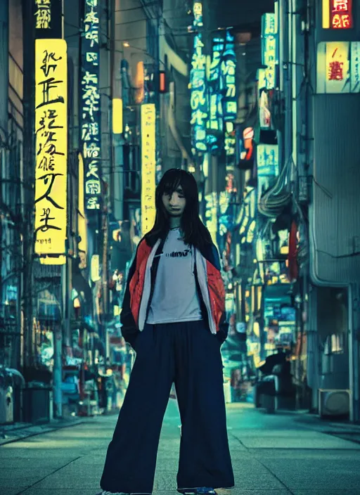 Image similar to High sneakers cyberpunk japanese, blue hour, twilight, cool, portrait, Kodachrome, ISO1200,