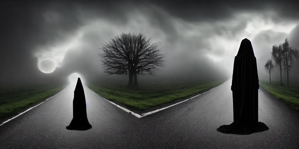 Image similar to center frame gigantic black silk gown skeletal angel of death visiting the Village, walking on the road in housing area, megalophobia, horror, fog, foster, highly detailed, one house, fear, dark inside, dark mammatus cloud,hyper realistic, atmospheric lighting, beksinski, 4k canon 5d mk4,