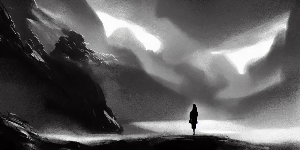 Image similar to epic portrait cinematic shot an female standing in a cave of an giant, cloudy, foggy, storm, night setting. realistic shaded lighting poster by craig mullism, radiant light digital art, trending on art station kvlt by peder balke by guido crepax by norman bluhm mystic high contrast monochromatic noir