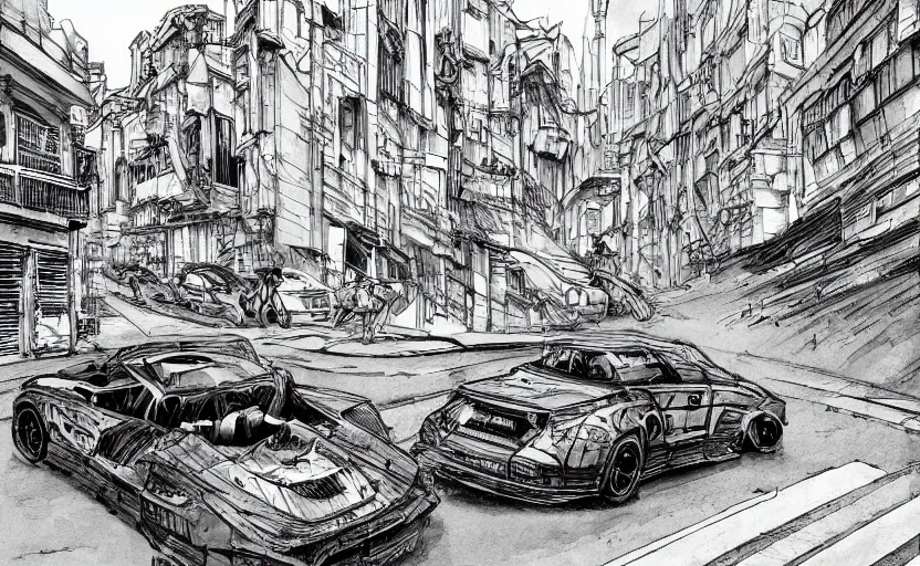 Image similar to action shots of two cars in a high speed car chase through a narrow streets with buildings either side of the road illustrated by jung gi kim, katsuya terada, jean - david morvan. extremely detailed illustration, action shots, striking perspective