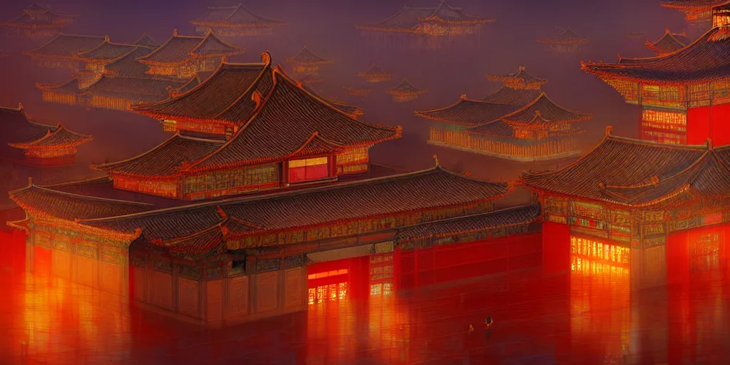 Image similar to Forbidden City by Neon Light, in the style of Cyberpunk Impressionism, Krenz Cushart, Moebius, and Muchain, Prismatic, Rococo, Pearlescent, reflective, shimmering, highly detailed, masterpiece, dreamy, concept art, Cinema lighting, 8k, trending on artstation