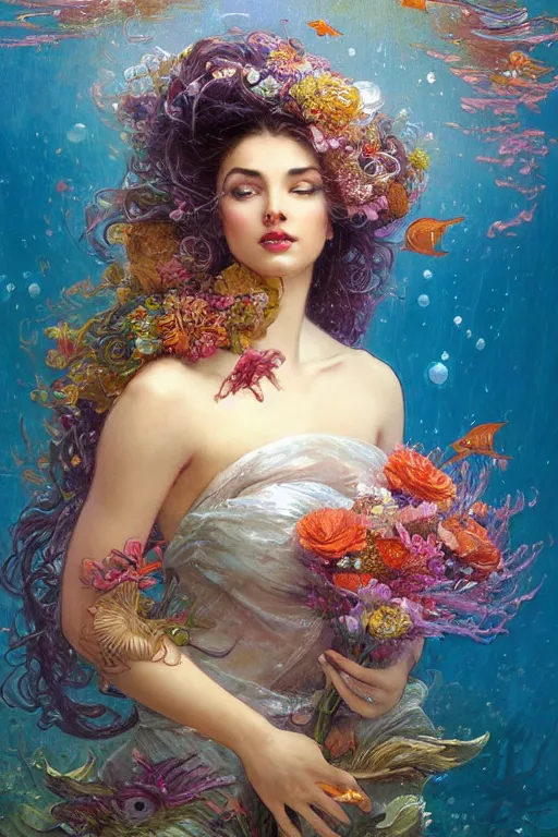 Image similar to portrait of a beautiful mysterious woman holding a bouquet of flowing flowers, hair flowing upwards, small bubbles from her mouth, hands hidden under the bouquet, submerged underwater filled with colorful small fish and coral reef, fantasy, regal, intricate, by stanley artgerm lau, greg rutkowski, thomas kindkade, alphonse mucha, loish, norman rockwell