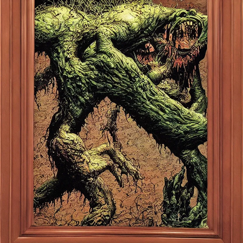 Image similar to a monster reaching through a framed painting, by richard corben. pulp horror