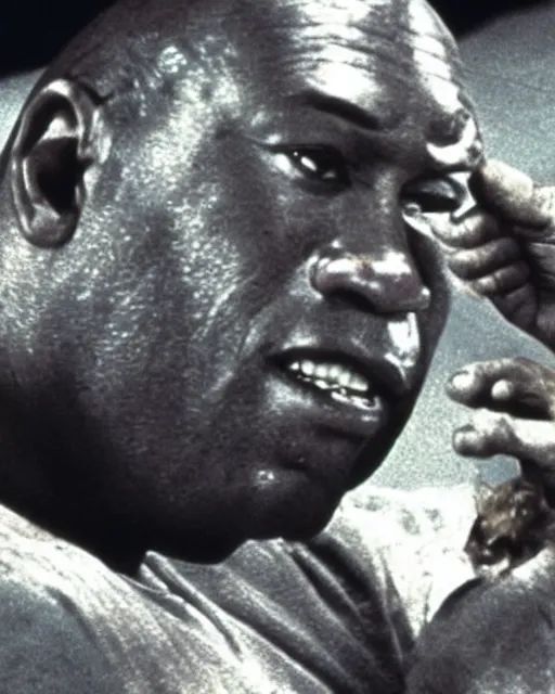 Image similar to film still close - up shot of dwayne johnson as john coffey petting a mouse in the movie the green mile. photographic, photography