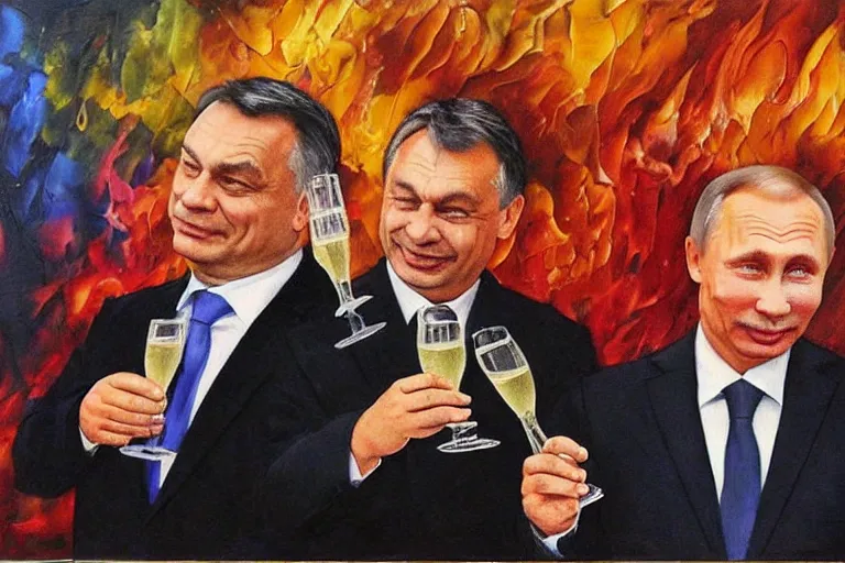 Image similar to viktor orban winking and drinking champagne with putin in front a burning city, oil painting