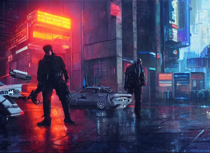 Image similar to ezra evades sgt griggs. cyberpunk hacker escaping menacing cops ( blade runner 2 0 4 9, dystopian, cyberpunk 2 0 7 7 character design ). epic painting by james gurney and laurie greasley, oil on canvas. cinematic, hyper realism, realistic proportions, anatomy, dramatic lighting, high detail 4 k