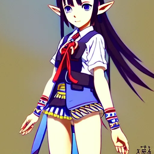 Image similar to a beautiful! boyish! zelda alluring gravure! model, wearing japanese school girl outfit with mayan pattern and native style, aztec street fashion, gapmoe yandere grimdark, trending on pixiv fanbox, painted by greg rutkowski makoto shinkai takashi takeuchi studio ghibli, akihiko yoshida