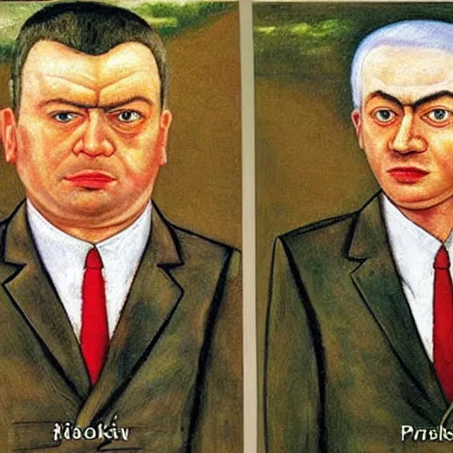 Prompt: kaczynski prime minister jarosław kaczynski kaczynski jarsolaw polish politician painted by frida kahlo panoramic shot poland