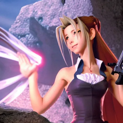 Prompt: gently smiling aerith gainsborough firing a handgun in a cave, killing sephiroth instantly. high detail sharp detail 4k UHD v-ray artwork, official media