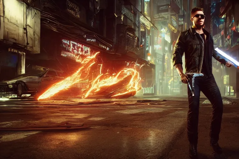 Image similar to a detailed full bodied 3 d render of an extremely handsome jensen ackles as the terminator walking down a dark alley in cyberpunk 2 0 7 7 and holding a glowing electrified katana, facing the camera, explosion in the background, volumetric lighting, octane render, 8 k, art by greg rutkowski and albert bierstadt and alphones mucha