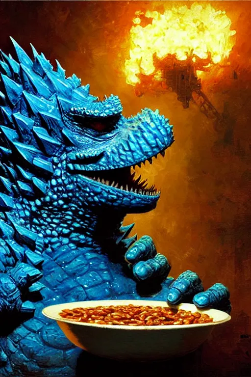 Image similar to happy blue godzilla wearing a hat, eating baked beans while watching tv, detailed portrait dnd, painting by gaston bussiere, craig mullins, greg rutkowski, yoji shinkawa