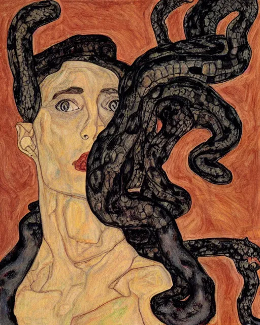 Image similar to portrait of a strong medusa with many pythons by egon schiele in the style of greg rutkowski