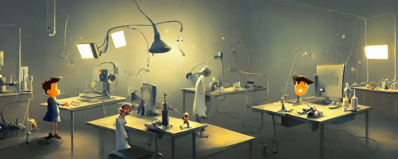 Image similar to goro fujita ilustration a science laboratory in a game dev studio office, explosion in the laboratory, small sparkles from computers, painting by goro fujita, sharp focus, highly detailed, artstation