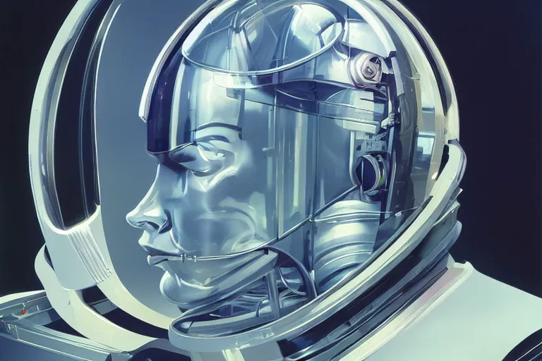 Prompt: portrait of a biomechanical head inside a futuristic space helmet, vintage, neon, white metal, iridescent visor, smooth, sharp focus, high detail, deviantart, art by Syd Mead and John Berkey,