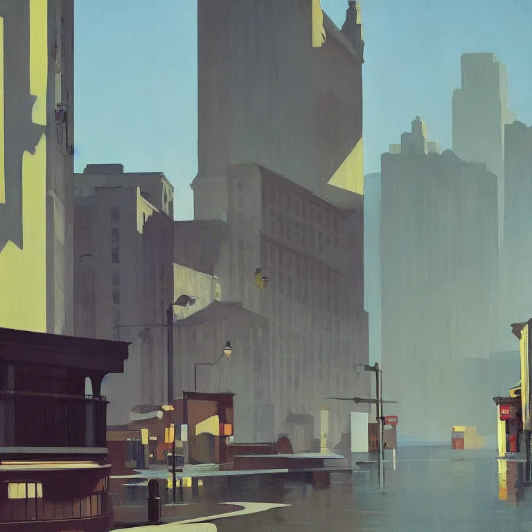 Image similar to morning flood in an empty city, , painted by Edward Hopper, painted by James Gilleard, airbrush