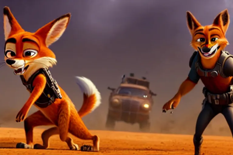 Image similar to nick wilde ( from zootopia ), heavily armed and armored facing down armageddon in a dark and gritty reboot from the makers of mad max : fury road