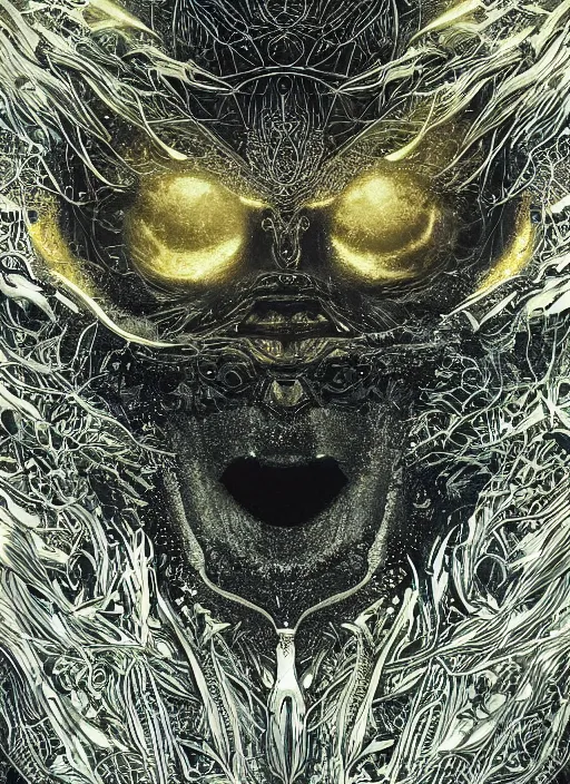 Prompt: glowing silver and golden elements, full close-up portrait, pen and ink crow, book cover, green forest, white moon, establishing shot, extremly high detail, photo-realistic, cinematic lighting, pen and ink, intricate line drawings, by Yoshitaka Amano, Ruan Jia, Kentaro Miura, Artgerm, post processed, concept art, artstation, matte painting, style by eddie mendoza, raphael lacoste, alex ross