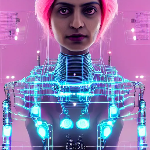 Image similar to portrait of a indian woman with pink hair as a cyberpunk cyborg half robot, revealing wires and electronics, circuit boards, wire management, sci - fi, missing panels, intricate abstract upper body intricate artwork, concept art, octane render, deviantart, cinematic, key art, hyperrealism, iridescent accents, portrait photograph, nikon 3 5 mm, photograph by greg rutkowski