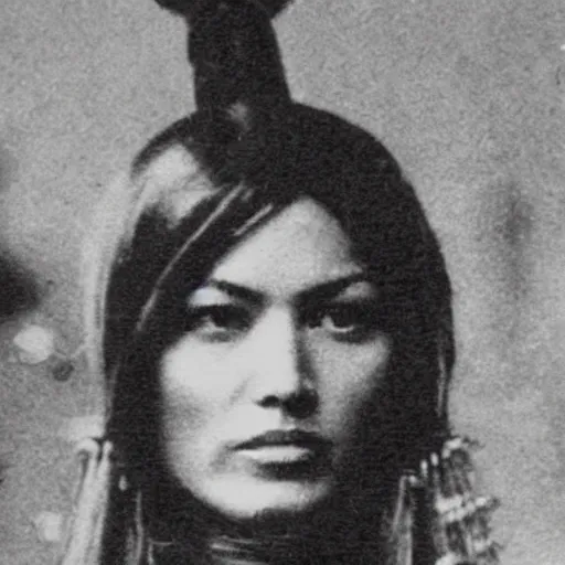 Prompt: old antique photo of jenifer lopez as an apache warrior