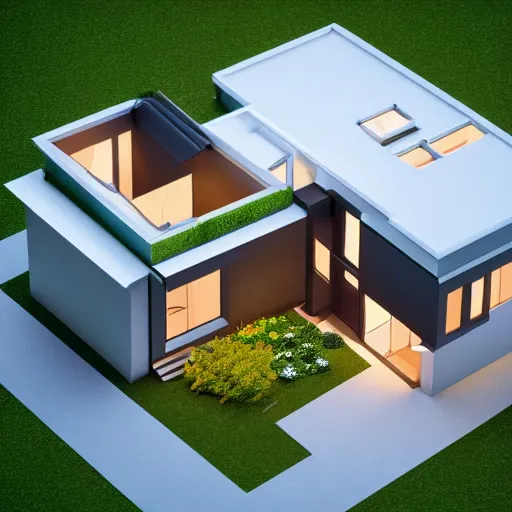 Image similar to isometric render of a beautiful modern home designed for aesthetics, energy efficiency and foliage, cg render, high resolution, professional