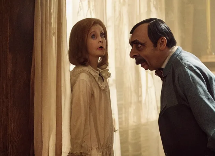 Prompt: a still from The Conjuring with Mr Bean