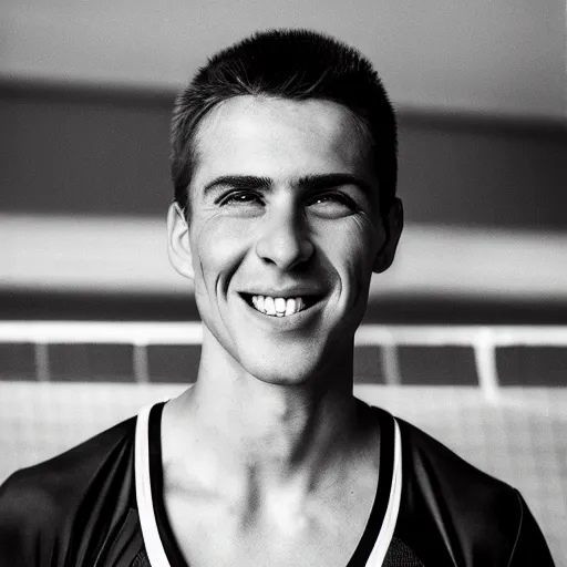 Image similar to photographic portrait by Annie Leibovitz of a young white male smiling with short brown hair that sticks up in the front, dark eyes, groomed eyebrows, tapered hairline, sharp jawline, wearing a purple white volleyball jersey, sigma 85mm f/1.4, 15mm, 35mm, 4k, high resolution, 4k, 8k, hd, full color