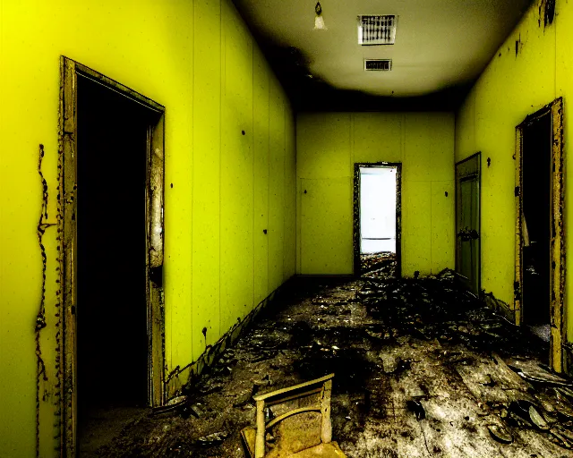 Prompt: the backrooms, the eerie forlorn atmosphere of a place that's usually bustling with people but is now abandoned and quiet, walls with tone of yellow, buzzing fluorescent lights, unsettling images