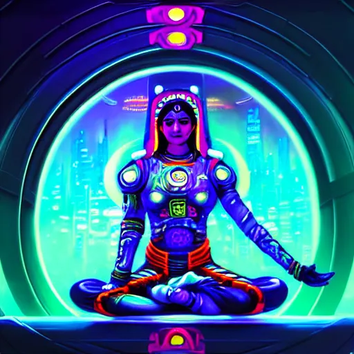 Image similar to Futuristic Cyberpunk laxmi Indian Goddess with Four Hands wearing a spacesuit sitting on a Lotus, sci-fi, neon colors, neon lights, fantasy, intricate, beautiful, elegant, attractive, highly detailed, digital painting, artstation, masterpiece, concept art, smooth, sharp focus, unreal engine 5, WLOP, Octane render, Symmetric, art by artgerm, hajime sorayama, William-Adolphe Bouguereau