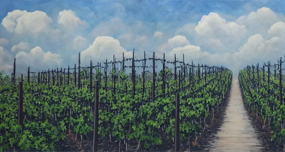 Prompt: world of only concrete, a flat endless plane of concrete covered in thin, very tall concrete pillars that go on to the horizon, vines growing on the pillars, open sky, blue sky with clouds, god rays, beautiful painting, oil on canvas, by Ewa Czarniecka, award winning masterpiece,