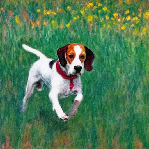 Prompt: impressionist art of a beagle dog running in the field in style of claude monet