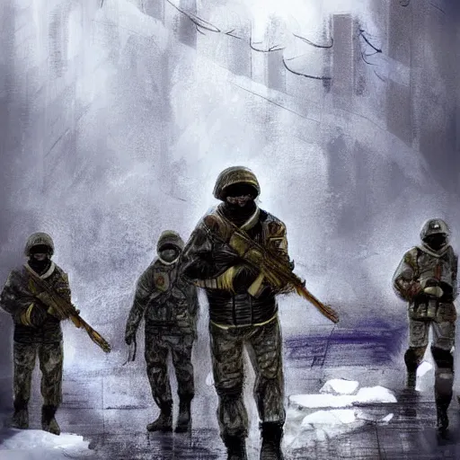 Image similar to multiple soldiers wearing arctic clothing, riot gear, in snow storm, apocalyptic, artstation