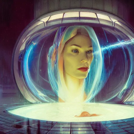 Image similar to detailed face of a woman, large hadron collider, dimensional portal, teleportation, wet reflections, prism, atmospheric, ambient, pj crook, syd mead, livia prima, artgerm, greg rutkowski, nick alm, casey baugh