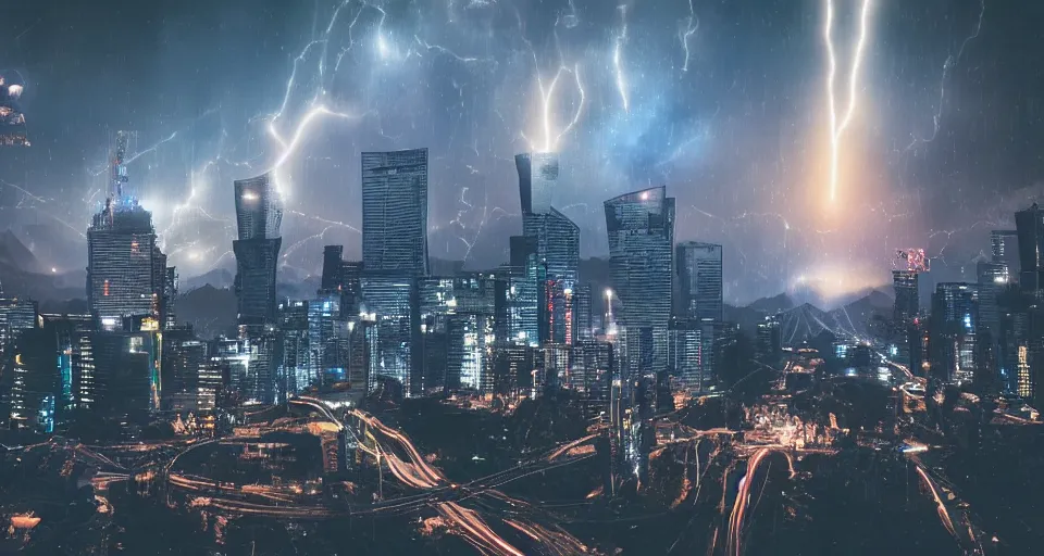 Image similar to alien invasion to santiago de chile, lights, high detail, cyberpunk, dream