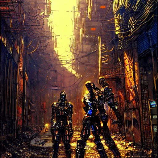 Image similar to cyberpunk knights in an alley of derelict tech, atmospheric lighting, painted, intricate, golden hour, ultra detailed by philippe druillet