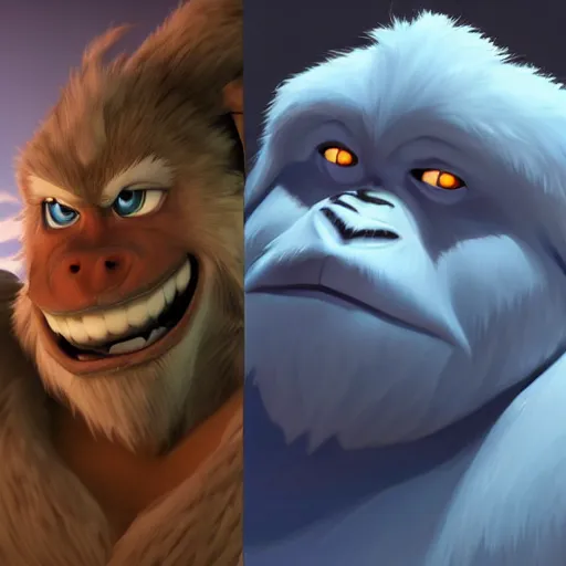 Image similar to concept art for the yeti, a white snow primate, in style of disney animation, expressive face, detailed face, detailed eyes, full body, feminine face, tracer overwatch, disney, pixar