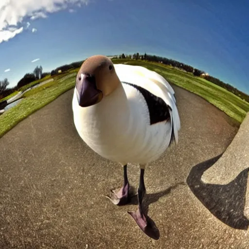 Image similar to goose with its beak right into the camera outdoors, fish eye lens photo, ultra wide angle