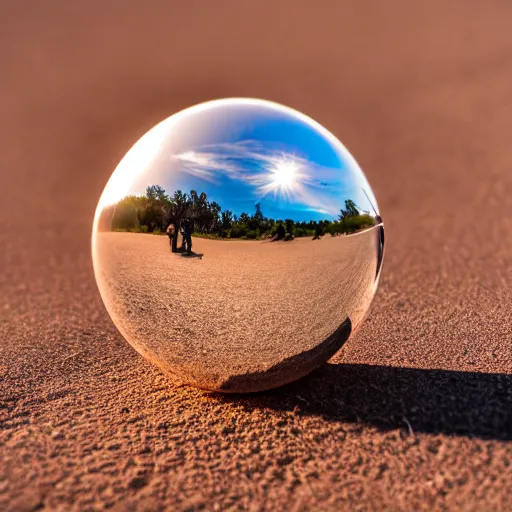 Image similar to macro photo bright day of a tiny sphere with a mirrored surface on the ground in the gobi desert