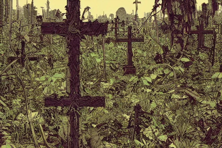 Image similar to abandoned overgrown graveyard, large crosses, spiny thorned giant plants, very coherent, intricate design, painting by Laurie Greasley, part by Yoji Shinkawa, part by Norman Rockwell