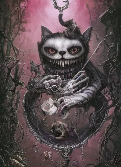 Image similar to Cheshire Cat drinking tea, Death Tarot card,highly detailed,half skull face,cinematic,8k,by Stanley Artgermm,Tom Bagshaw,Greg Rutkowski,Carne Griffiths, Ayami Kojima, Beksinski, Giger,trending on DeviantArt,hyper detailed,horror, full of colour