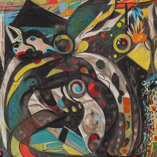 Image similar to A highly stylized conceptual art 4k shaded, finely detailed, matte painting with intricate textures and patterns of two abstract expressionist cats , their bodies intertwined together in the style of Lee Krasner