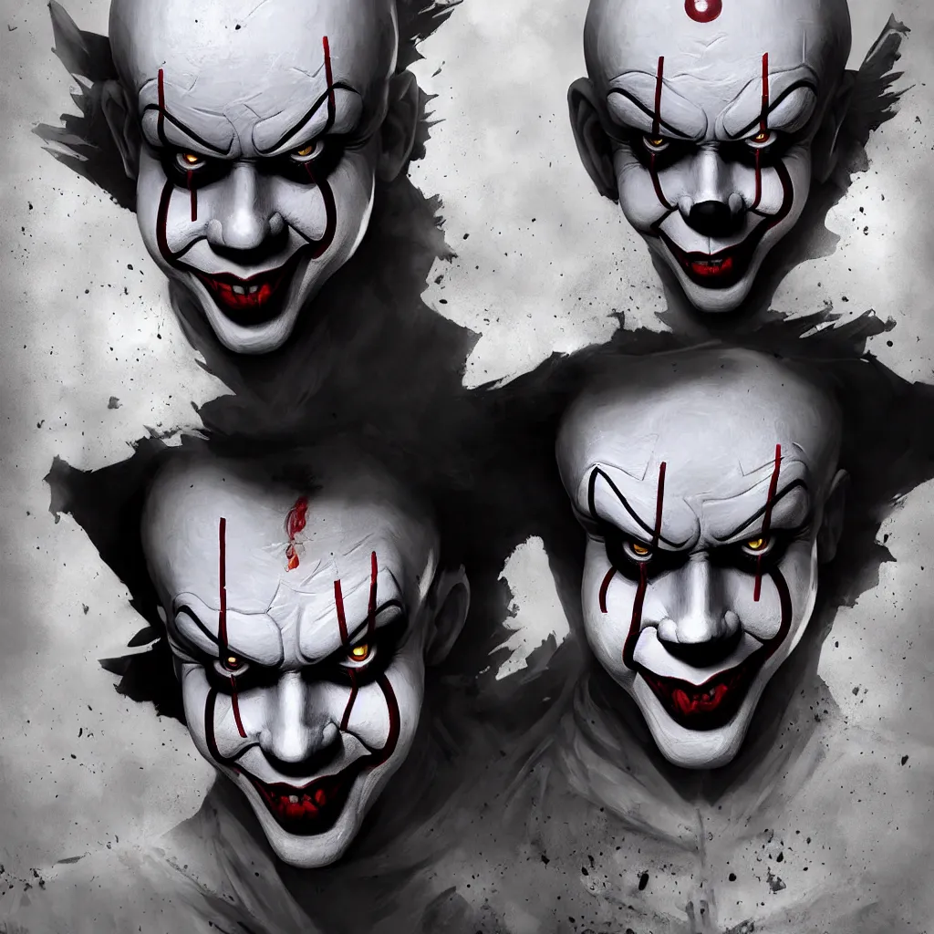 Prompt: symmetry of pennywise mixed with batman from neil gaiman, rpg reference, art by greg rutkowski, artgerm, trending on artstation, octane render, insanely detailed, 8 k, hd