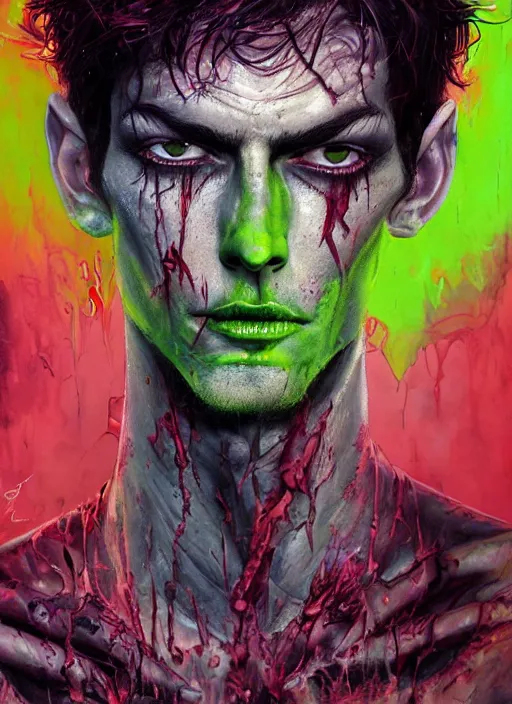 Image similar to a Demon Slayer portrait of Johnny Silverhand, tall, pale-skinned, slender with lime green eyes and long eyelashes by Stanley Artgerm, Tom Bagshaw, Arthur Adams, Carne Griffiths, trending on Deviant Art, street art, face enhance, chillwave, maximalist, full of color, glittering