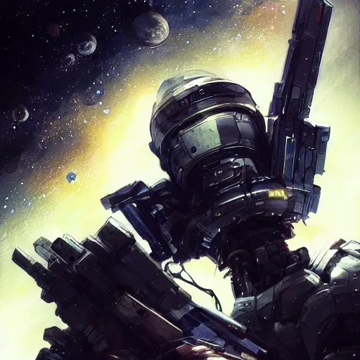 Image similar to bokeh, beautiful detail, stars in the sky, cybernetic, sci-fi space game art, jeon Jungkook holding a gun. alien planet art by Akihito Yoshitomi AND Yoji Shinkawa AND Greg Rutkowski, Mark Arian trending on artstation