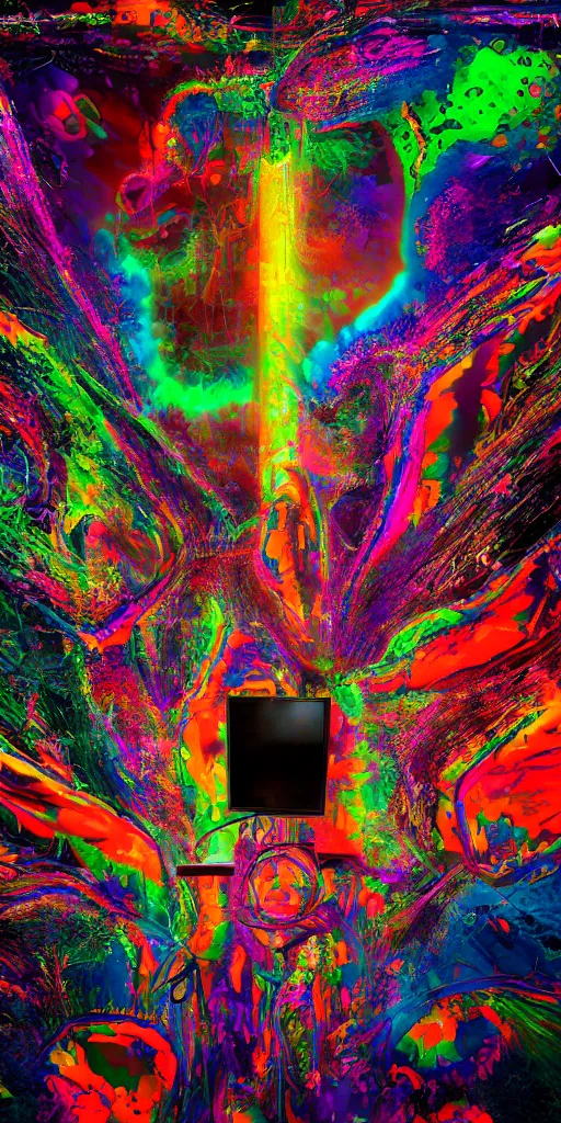 Image similar to the television swallows you into tv world, intricate complexity, surreal horror, psychedelic glitch art, rainbow drip paint, trending on art station, photoreal, 8k, octane render