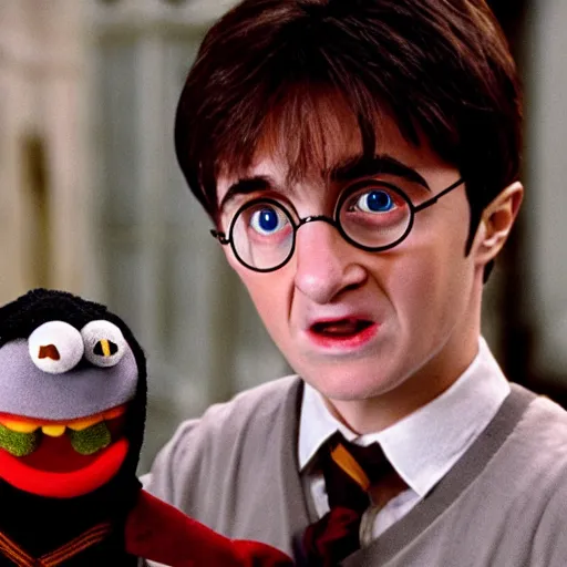 Prompt: A still of Harry Potter as a muppet, realistic photo