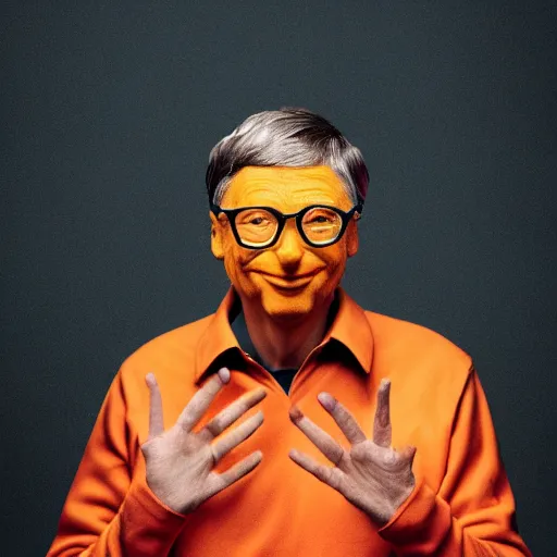 Image similar to UHD candid photo of Bill Gates dressed in orange jumpsuit, wearing extremely accurate clown makeup, accurate face, UHD, photorealistic, correct face, photo by Annie Leibowitz