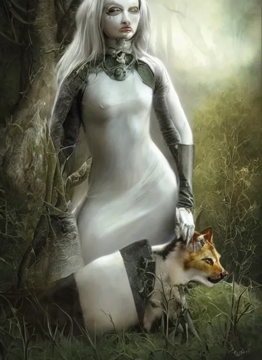 Image similar to medieval female warrior, green eyes, dark forbidden forest, wolves, white cat, by Lecouffe-Deharme, by Natalie Shau